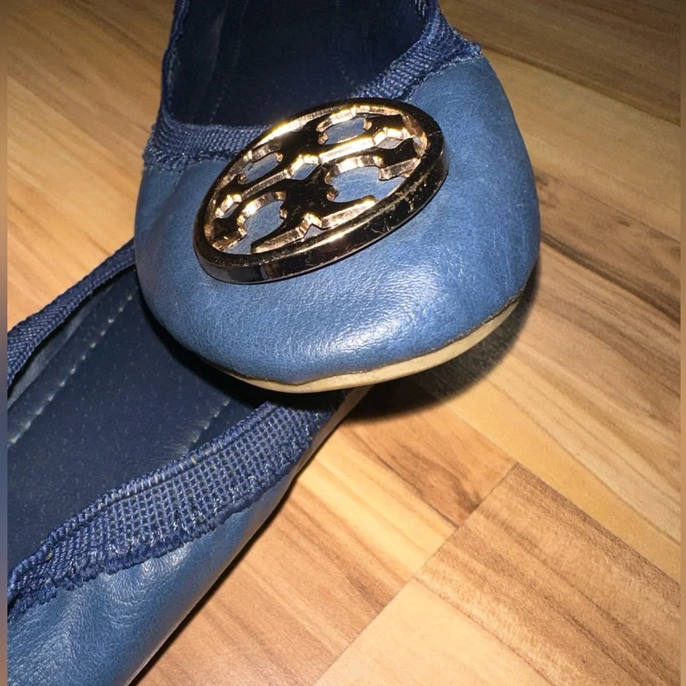 Tory Burch Navy Flats with Gold Emblem